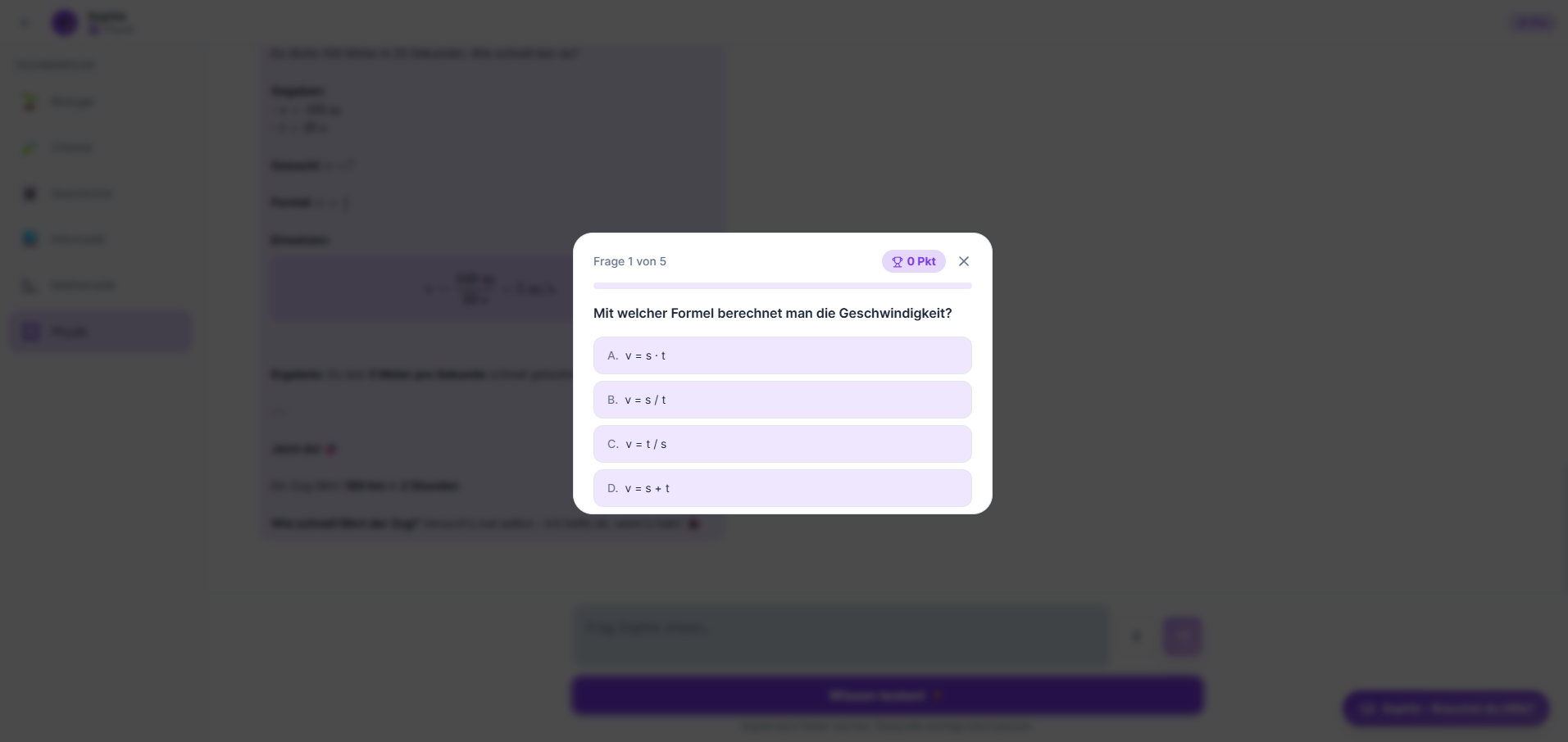 Sophie startet ein Quiz, um das Gelernte zu testen.